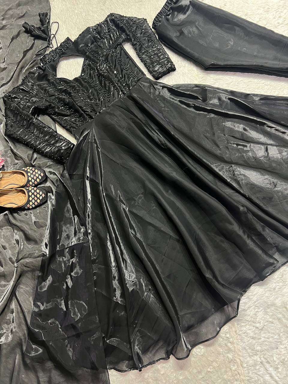 Women's Silk Heavy Embroidery Sequence Work Long Anarkali Kurti With Pant and Dupatta Set - Image 5