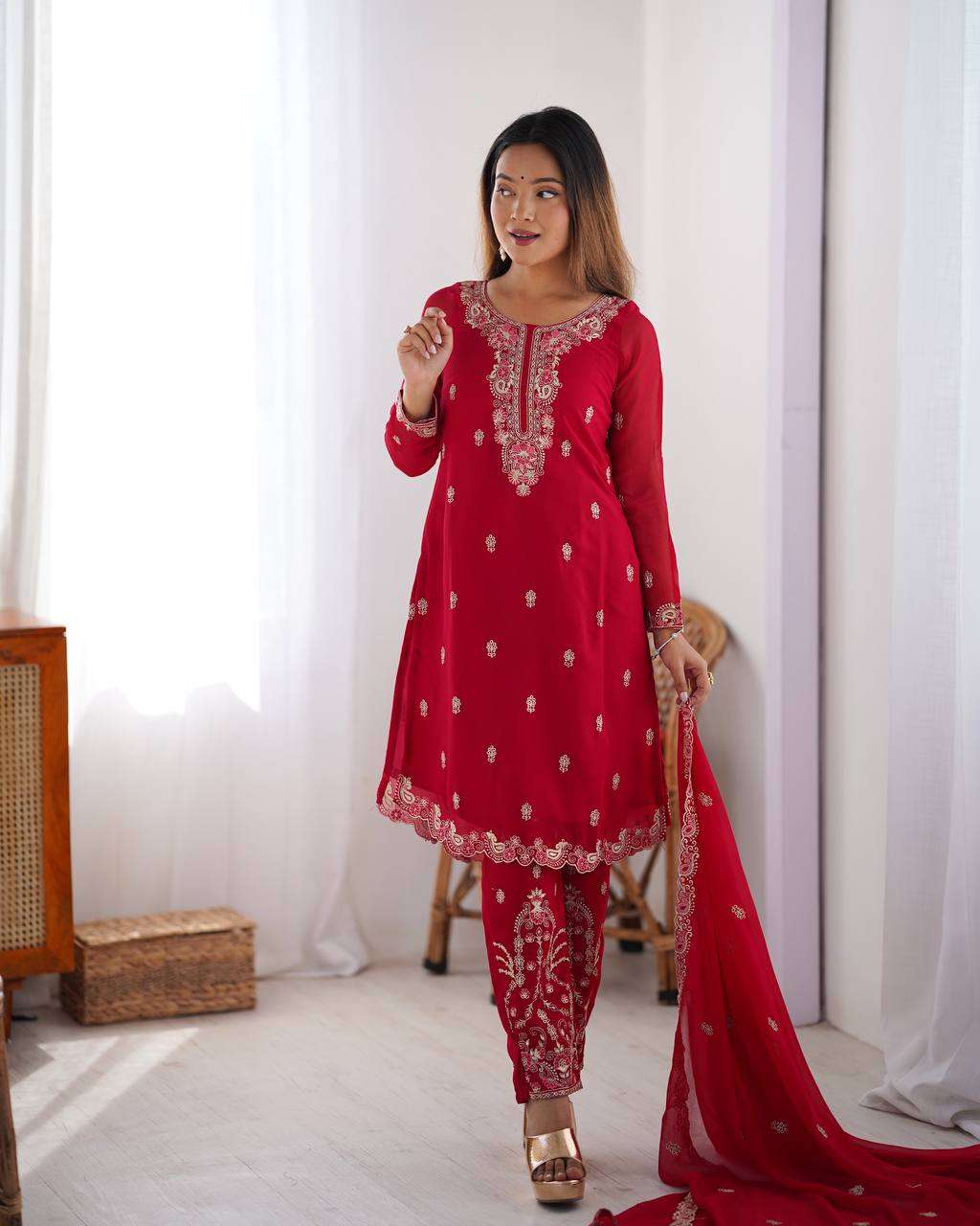 Women's Georgette Embroidery Straight Kurti with Pant And Dupatta Set - Image 2