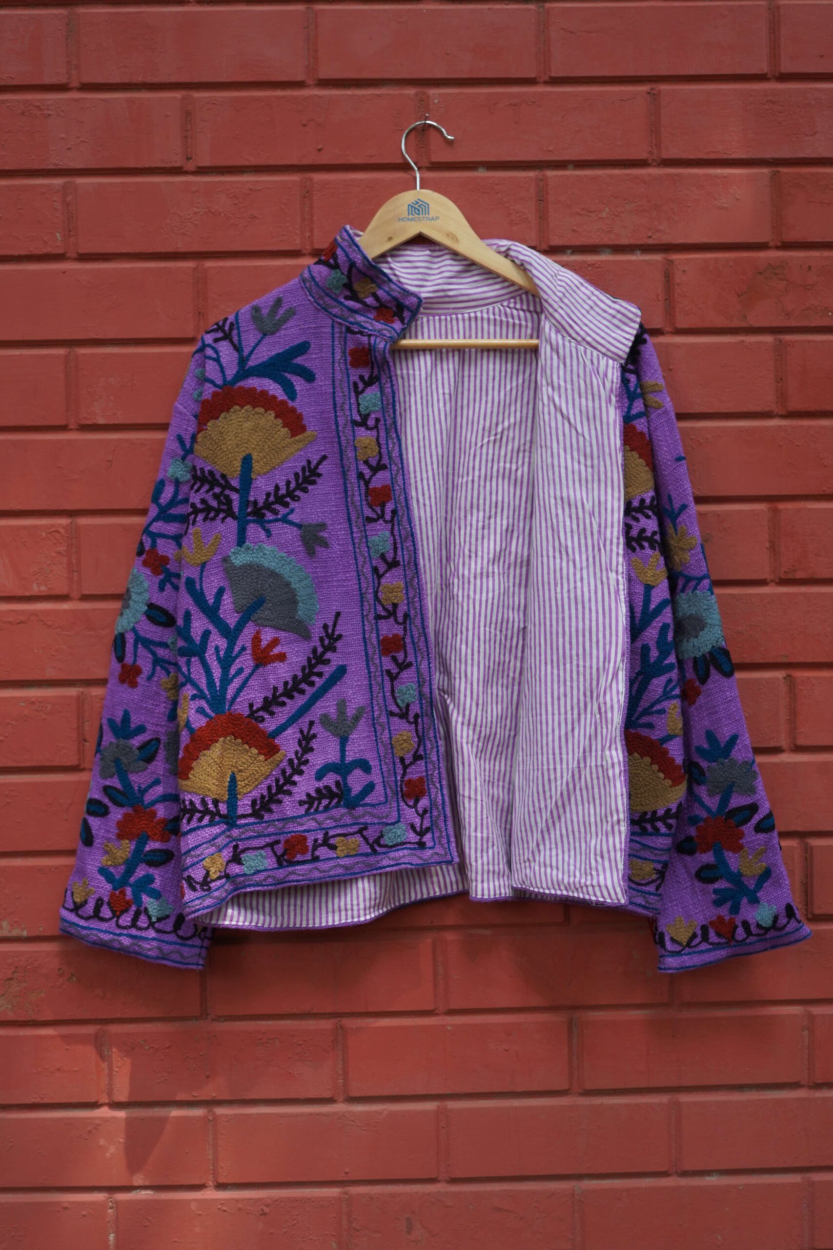 Womens Dark Purple Velvet Embroidered Jacket with Floral Design - Image 3