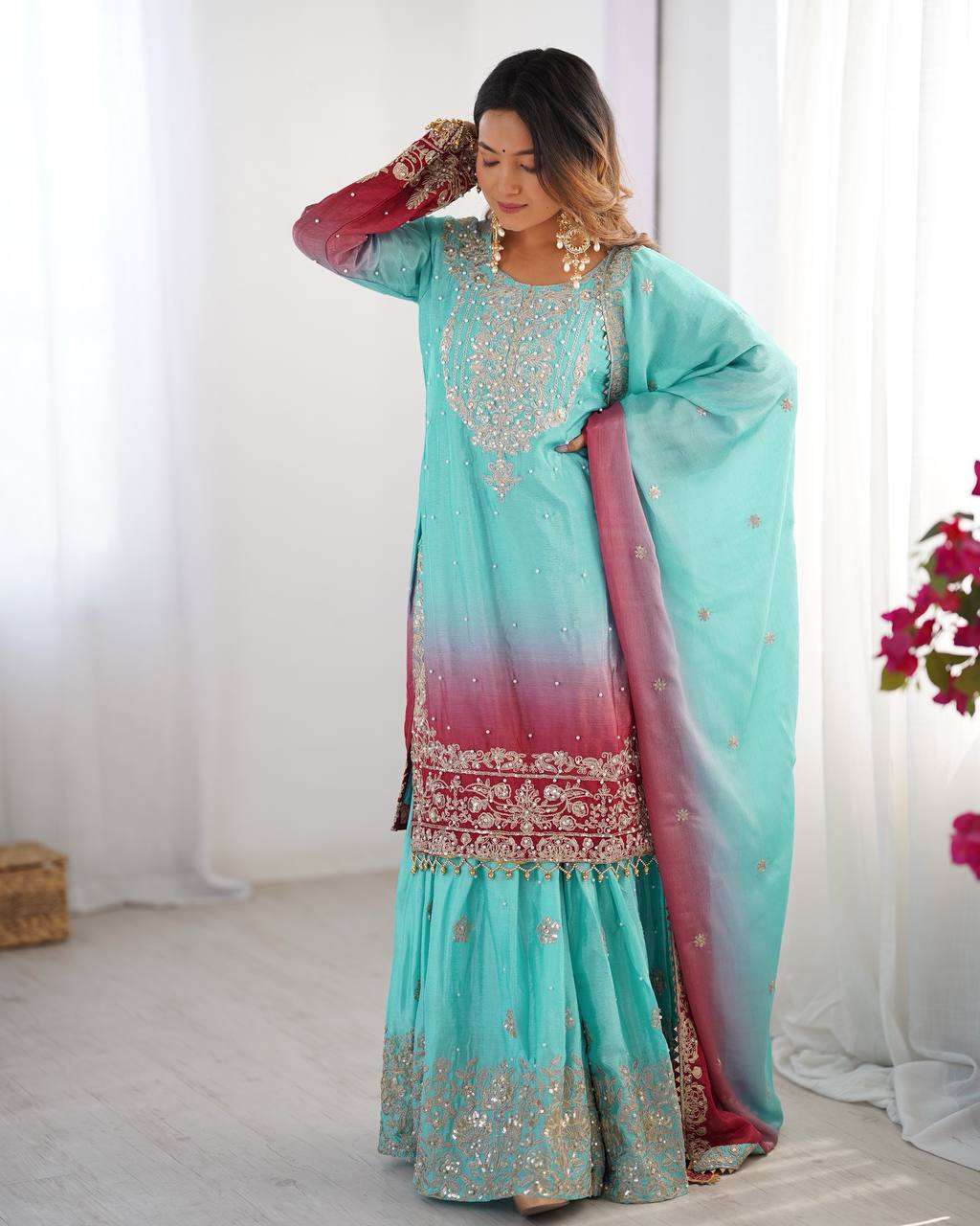 Women's Chinon Silk Sequence With Rivet Moti Work Straight Kurta With Sharara and Dupatta Set - Image 23